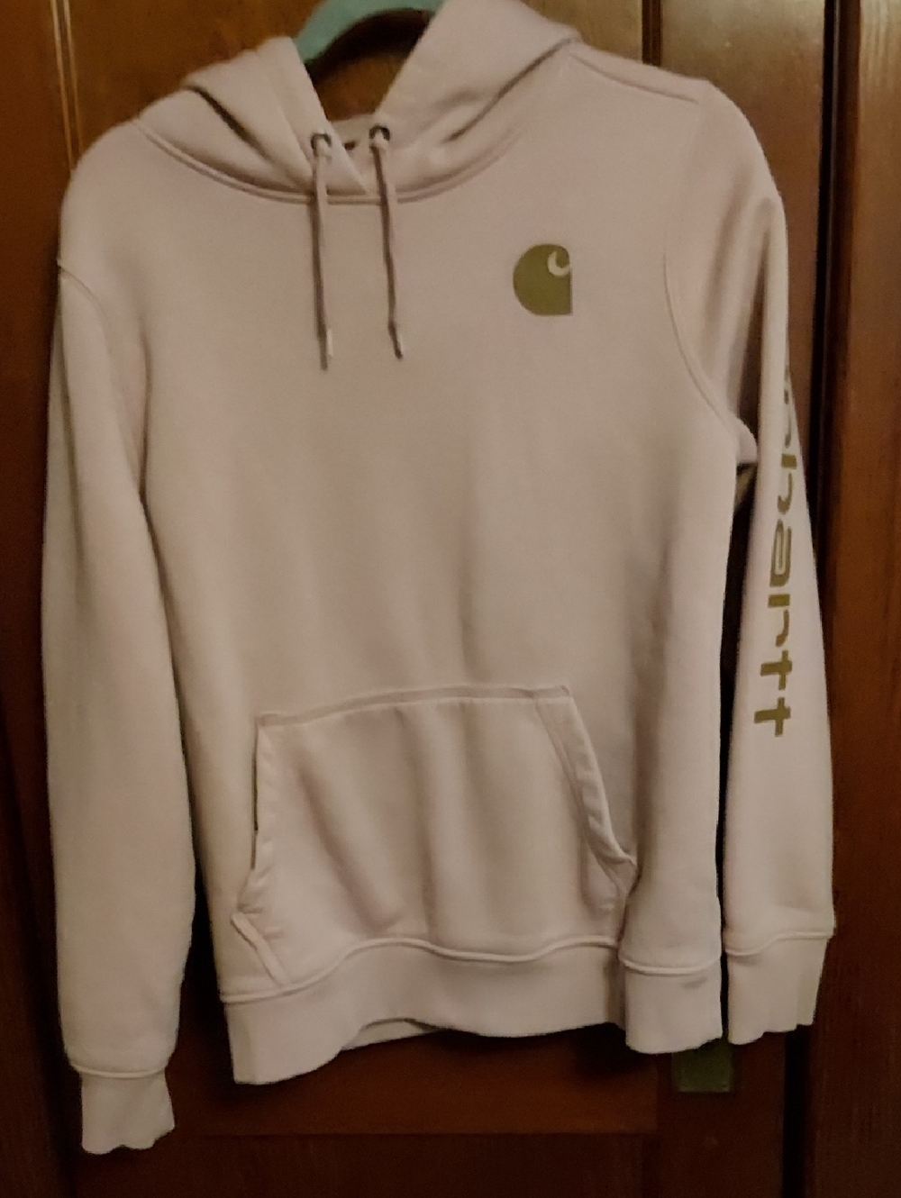 Carhartt Men’s Light Beige Crewneck Hoodie with Olive Logo